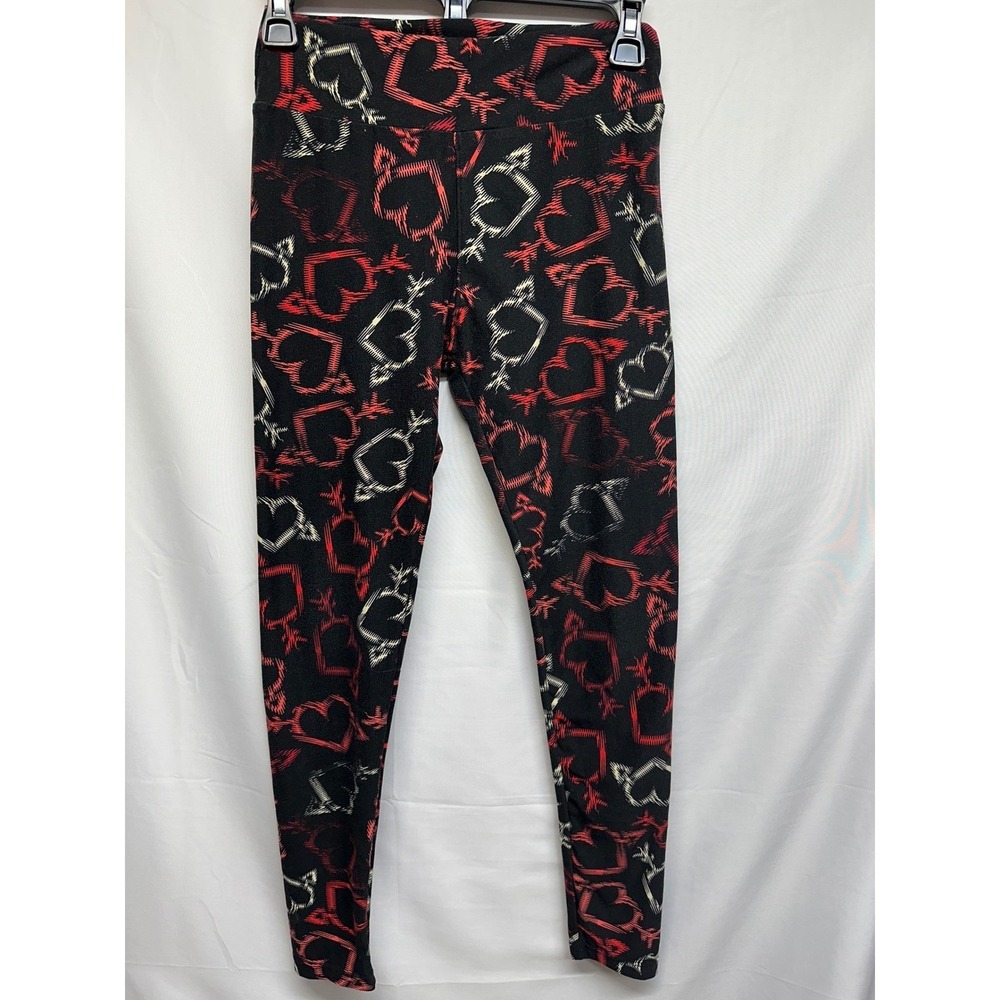 LuLaRoe One Size Leggings Black Red White Heart Spade Ace‎ of Spades Pattern
